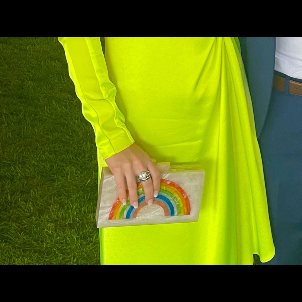 Lulu rainbow clutch with gold chain strap